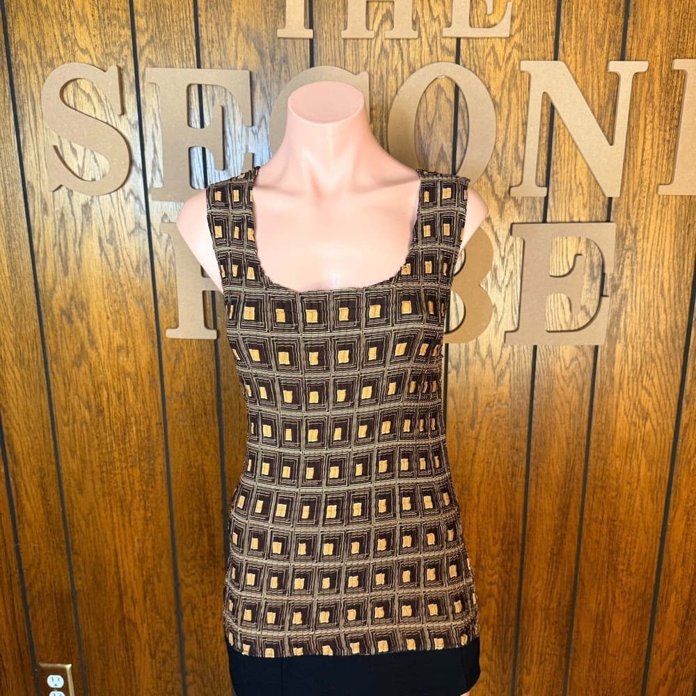 Vintage Tank Top Womens 1X Brown Geometric Print Hippie Artsy Fairy Whimsigoth